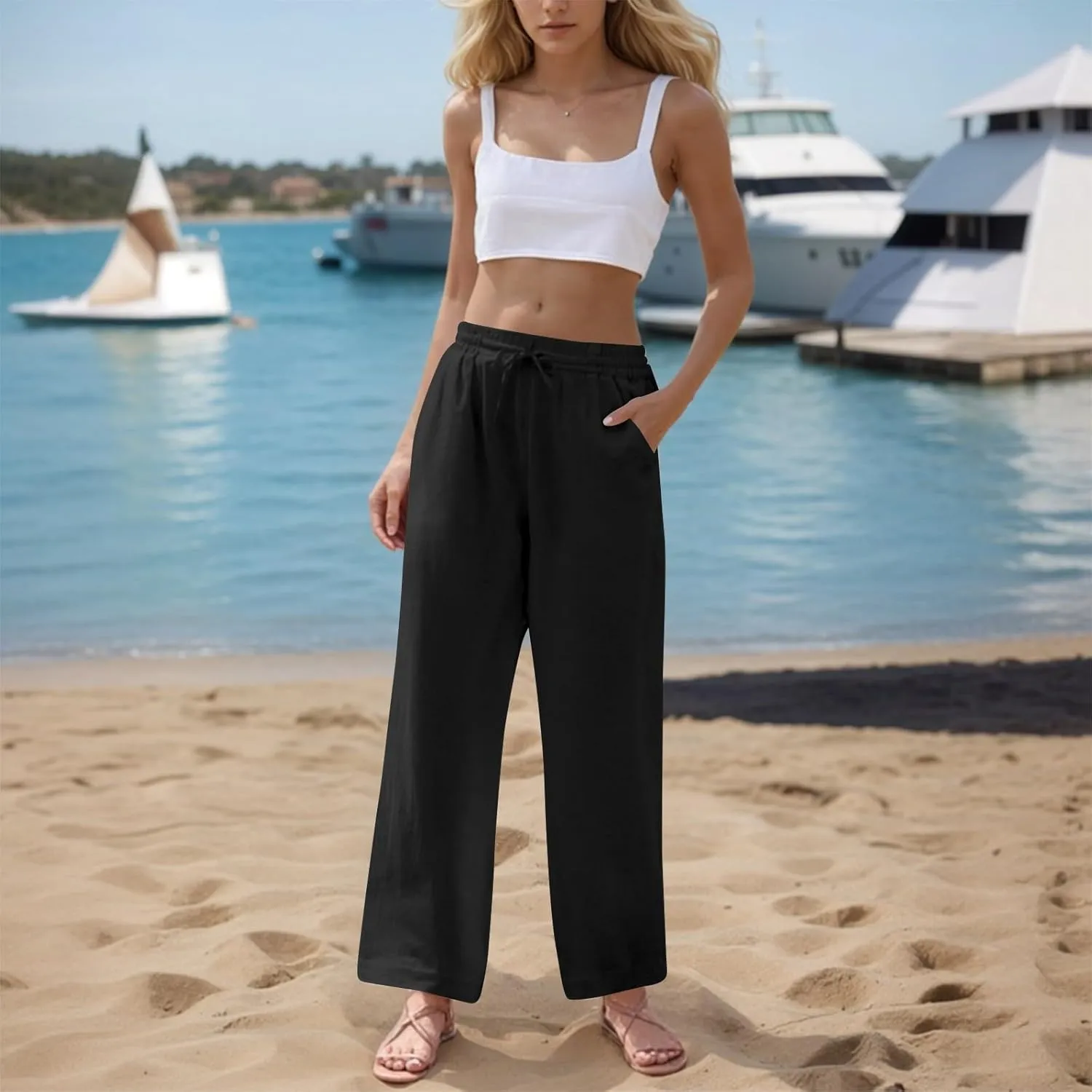 Womens Wide Leg Pants Linen 2025 Beach Summer Drawstring Elastic Waist Pants High Rise with Pocket Comfy Solid Trouser