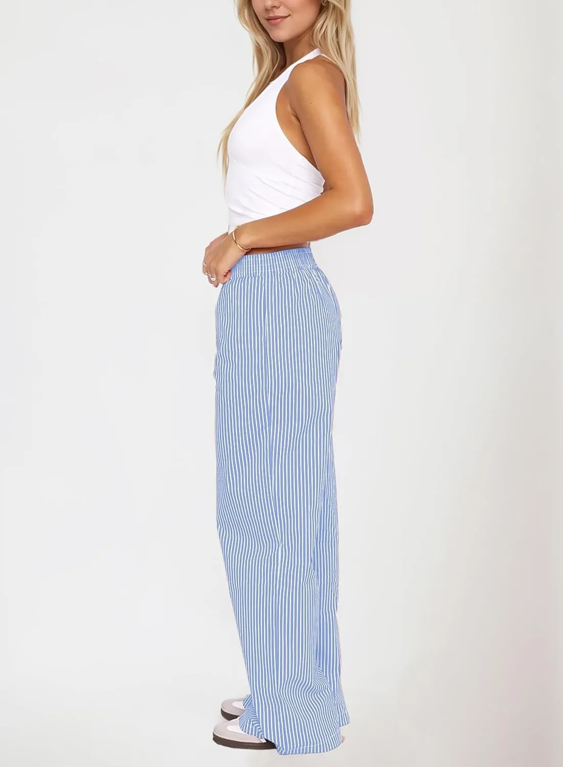 Womens Y2K Striped Lounge Pants Low Rise Elastic Waist Pajamas Pants Casual Loose Wide Leg Trousers With Pockets