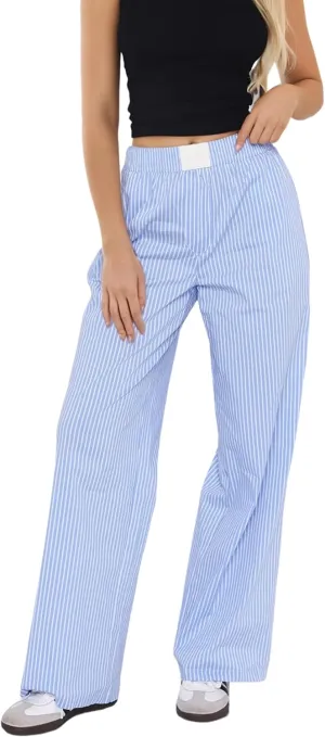 Womens Y2K Striped Lounge Pants Low Rise Elastic Waist Pajamas Pants Casual Loose Wide Leg Trousers With Pockets