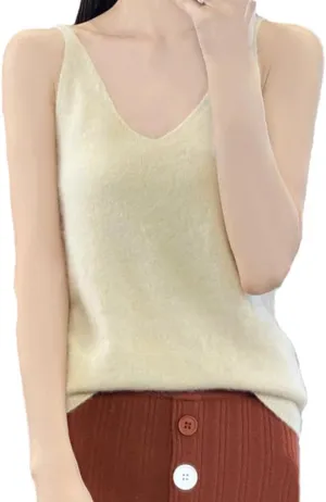 Wool Women Camisole Solid V-Neck Tank Tops Sleeveless Knitted Clothing Soft Thin Vest