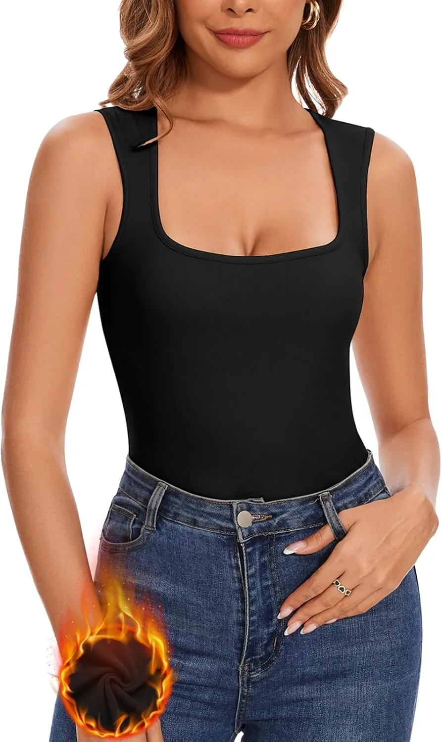 WOWENY Square Neck Thermal Tank Top for Women Fleece Sleeveless Shirts Camisole Warm Base Layer Cold Weather