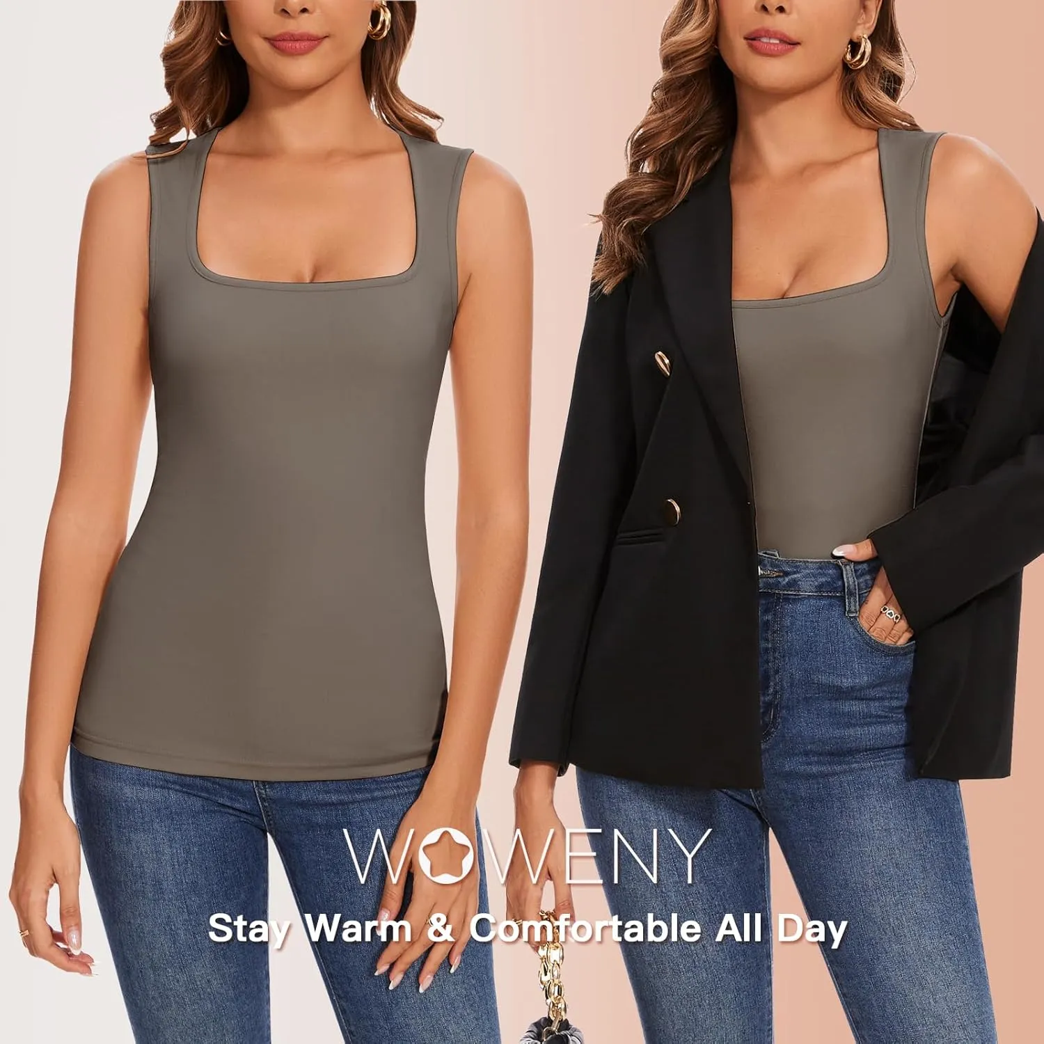 WOWENY Square Neck Thermal Tank Top for Women Fleece Sleeveless Shirts Camisole Warm Base Layer Cold Weather