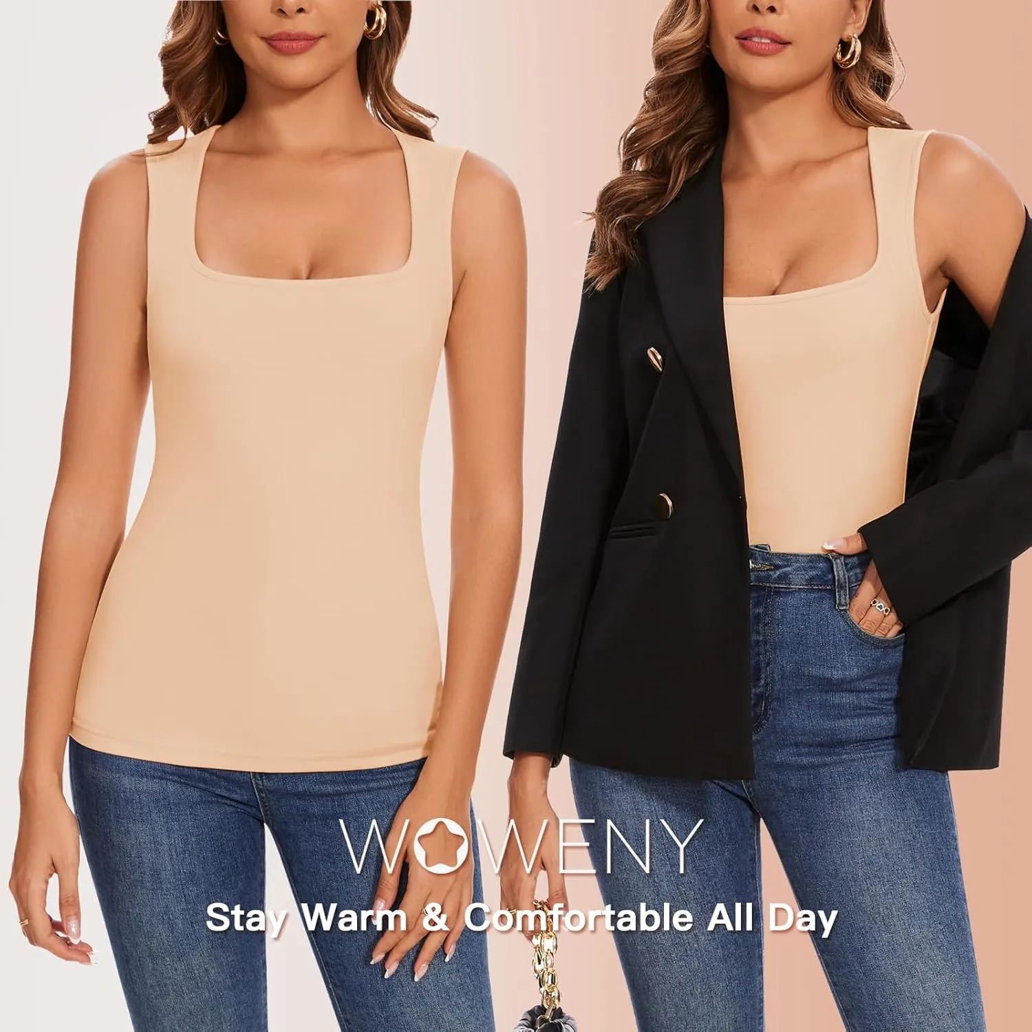 WOWENY Square Neck Thermal Tank Top for Women Fleece Sleeveless Shirts Camisole Warm Base Layer Cold Weather