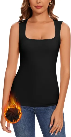 WOWENY Square Neck Thermal Tank Top for Women Fleece Sleeveless Shirts Camisole Warm Base Layer Cold Weather