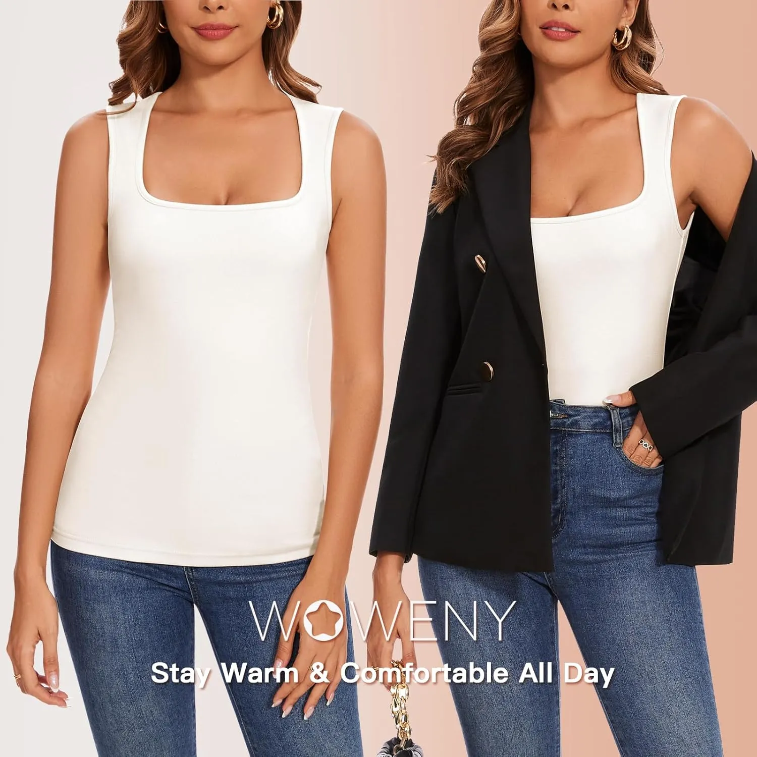 WOWENY Square Neck Thermal Tank Top for Women Fleece Sleeveless Shirts Camisole Warm Base Layer Cold Weather