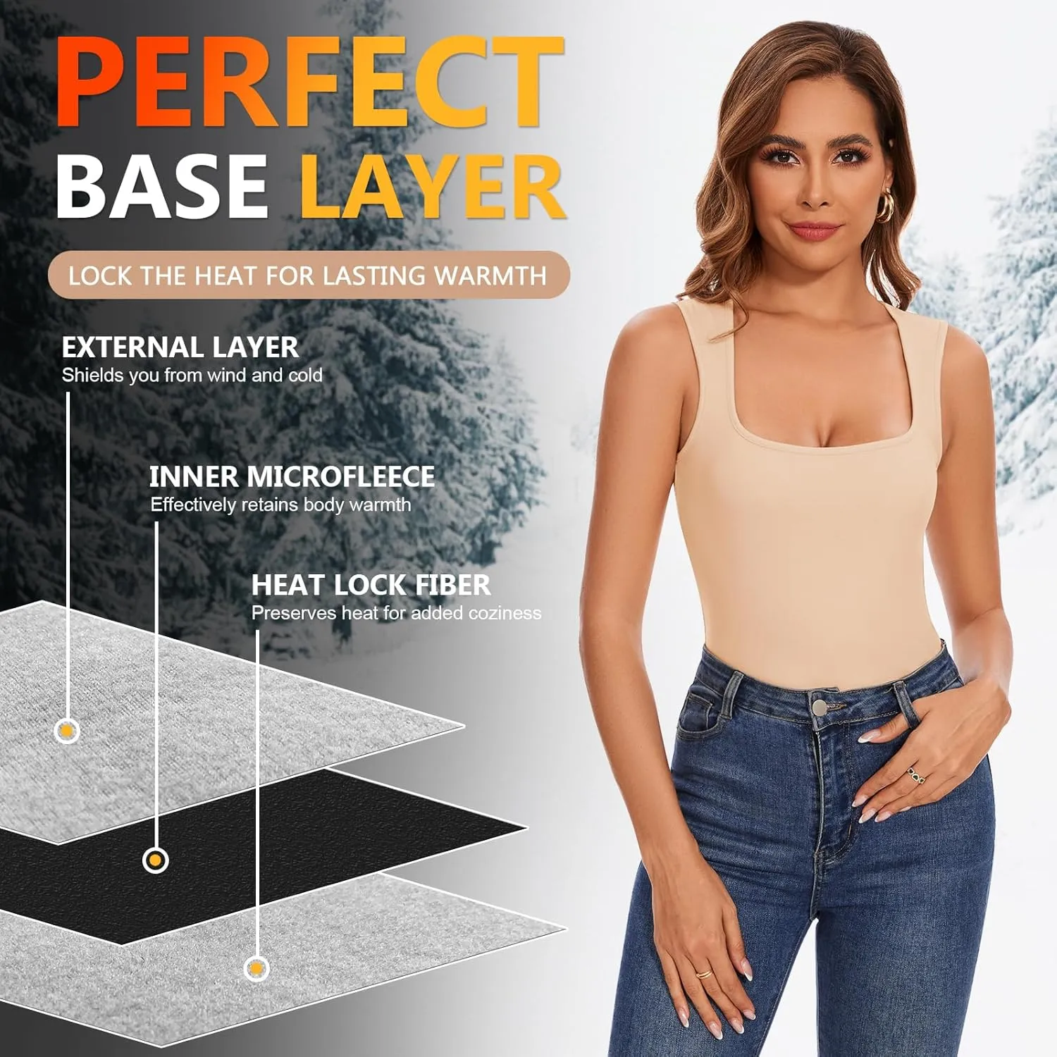 WOWENY Square Neck Thermal Tank Top for Women Fleece Sleeveless Shirts Camisole Warm Base Layer Cold Weather