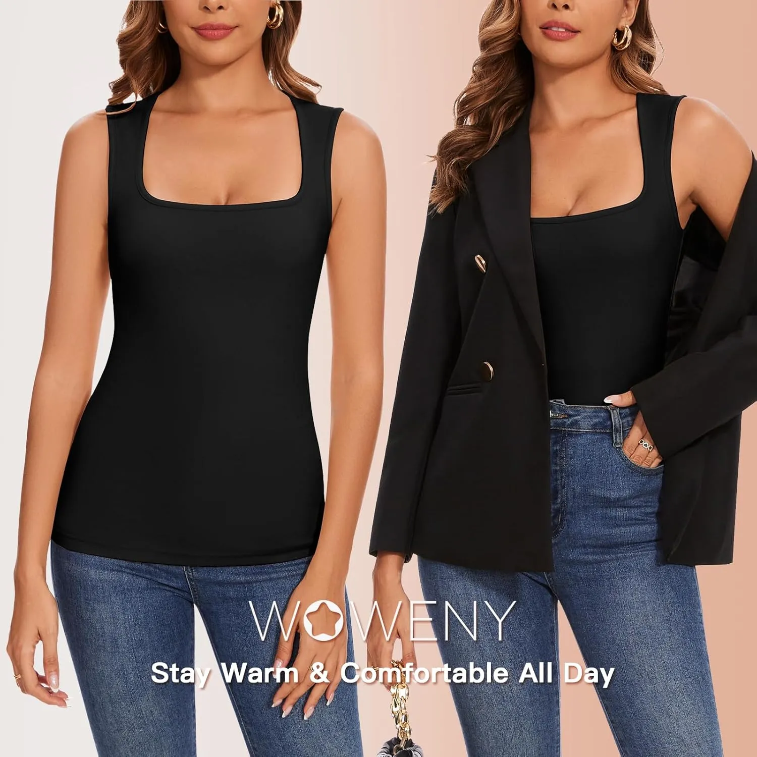 WOWENY Square Neck Thermal Tank Top for Women Fleece Sleeveless Shirts Camisole Warm Base Layer Cold Weather