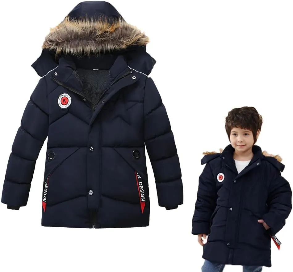 XIFAMNIY Boys Down Jacket Fur Collar Hood Thick Warm Winter Coat Parka Padded Outerwear 3-6T