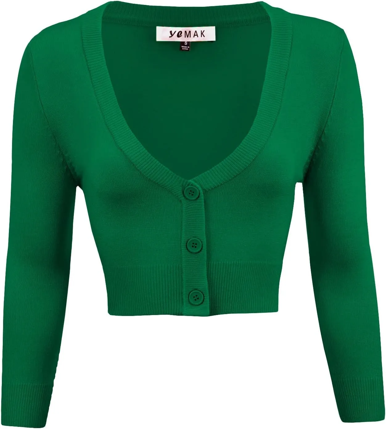 YEMAK Women's Cropped Bolero Cardigan  3/4 Sleeve V-Neck Basic Classic Casual Button Down Knit Soft Sweater Top (S-4XL)