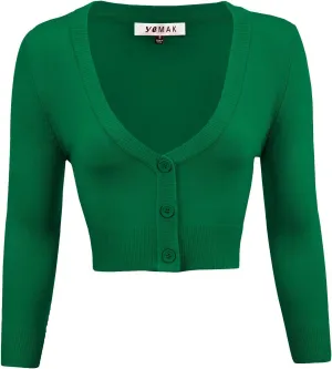 YEMAK Women's Cropped Bolero Cardigan  3/4 Sleeve V-Neck Basic Classic Casual Button Down Knit Soft Sweater Top (S-4XL)