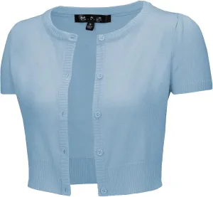 YEMAK Women's Cropped Bolero Cardigan  Short Sleeve Crewneck Basic Classic Casual Button Down Knit Soft Sweater Knitted Top