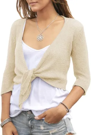 YeMgSiP Women's Tie Front Shrug 3/4 Sleeve Bolero Sheer Knotted Lightweight Cardigan Sweaters Short Shawl Tops