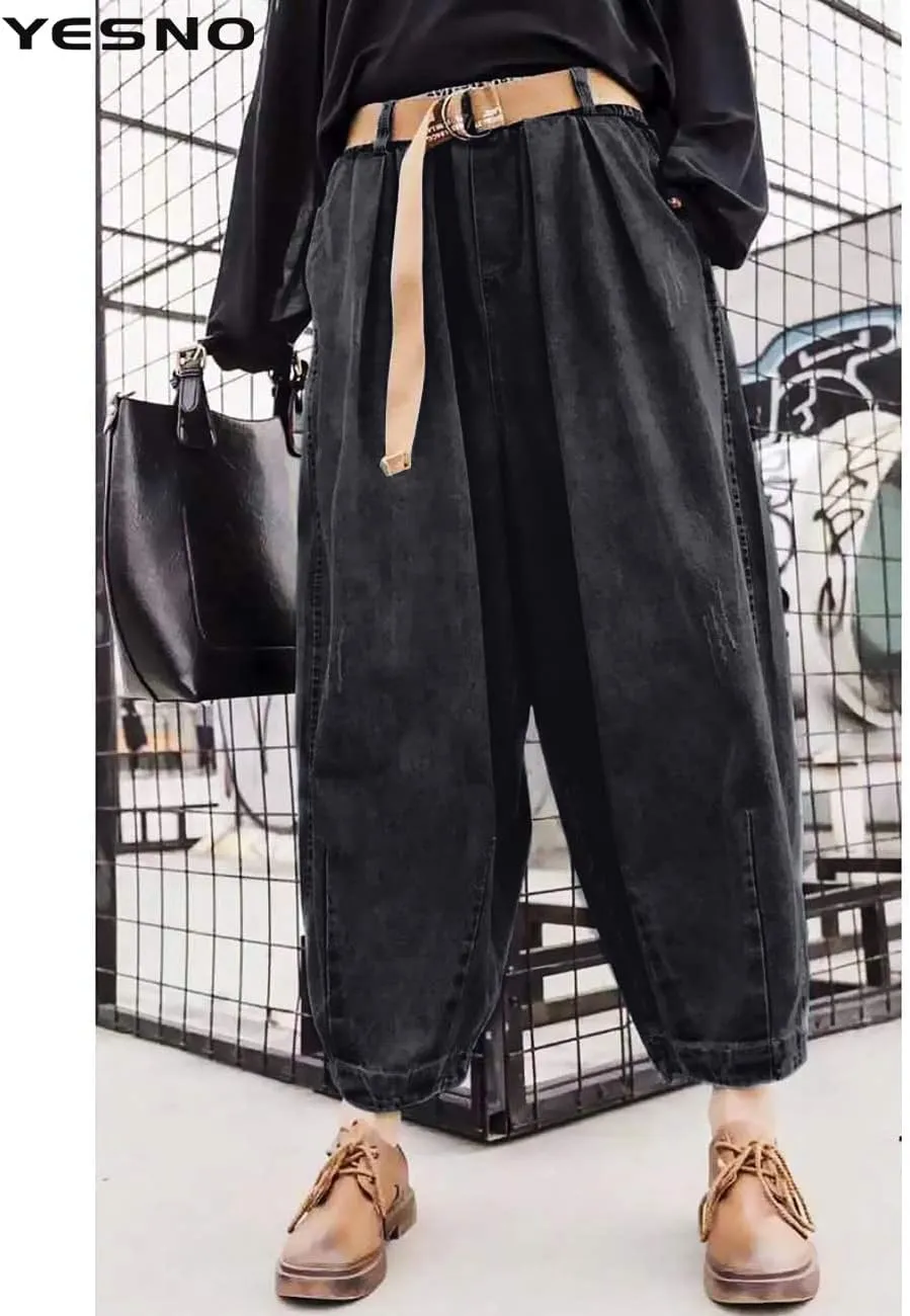 YESNO Women Casual Loose Cropped Trousers Pants Denim Bloomers Elastic Waist with Pockets PJD