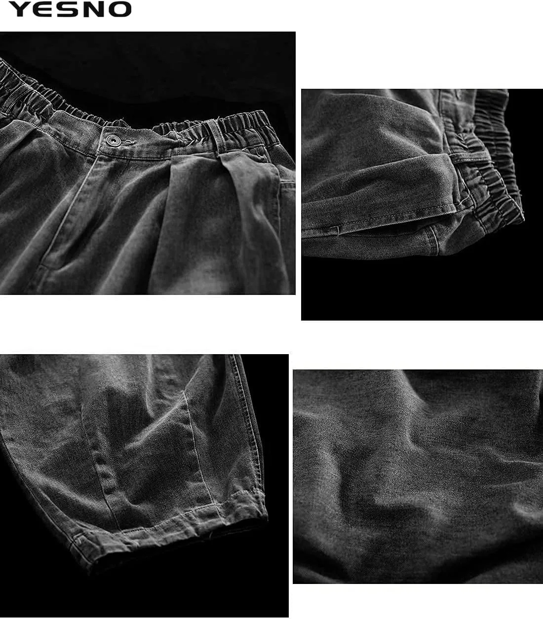 YESNO Women Casual Loose Cropped Trousers Pants Denim Bloomers Elastic Waist with Pockets PJD
