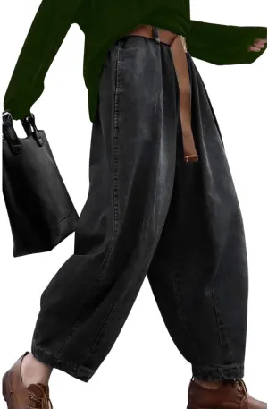 YESNO Women Casual Loose Cropped Trousers Pants Denim Bloomers Elastic Waist with Pockets PJD