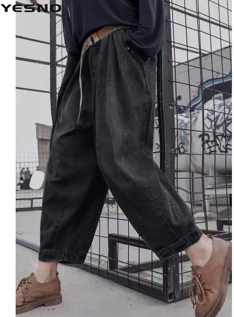 YESNO Women Casual Loose Cropped Trousers Pants Denim Bloomers Elastic Waist with Pockets PJD