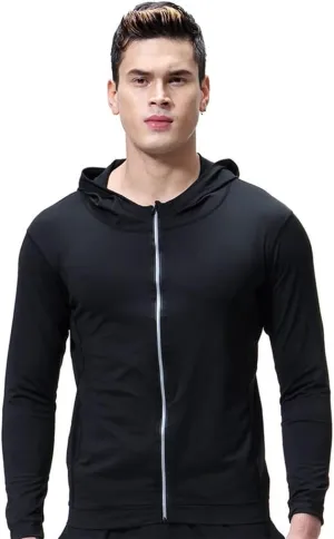 Yoga Shirt Men Hoodie Jacket Long Sleeve Hooded Sun Shirts Outdoor with Pockets,Breathable Quick Dry Fitness Gym Tops (Color : Black/, Size : S/)