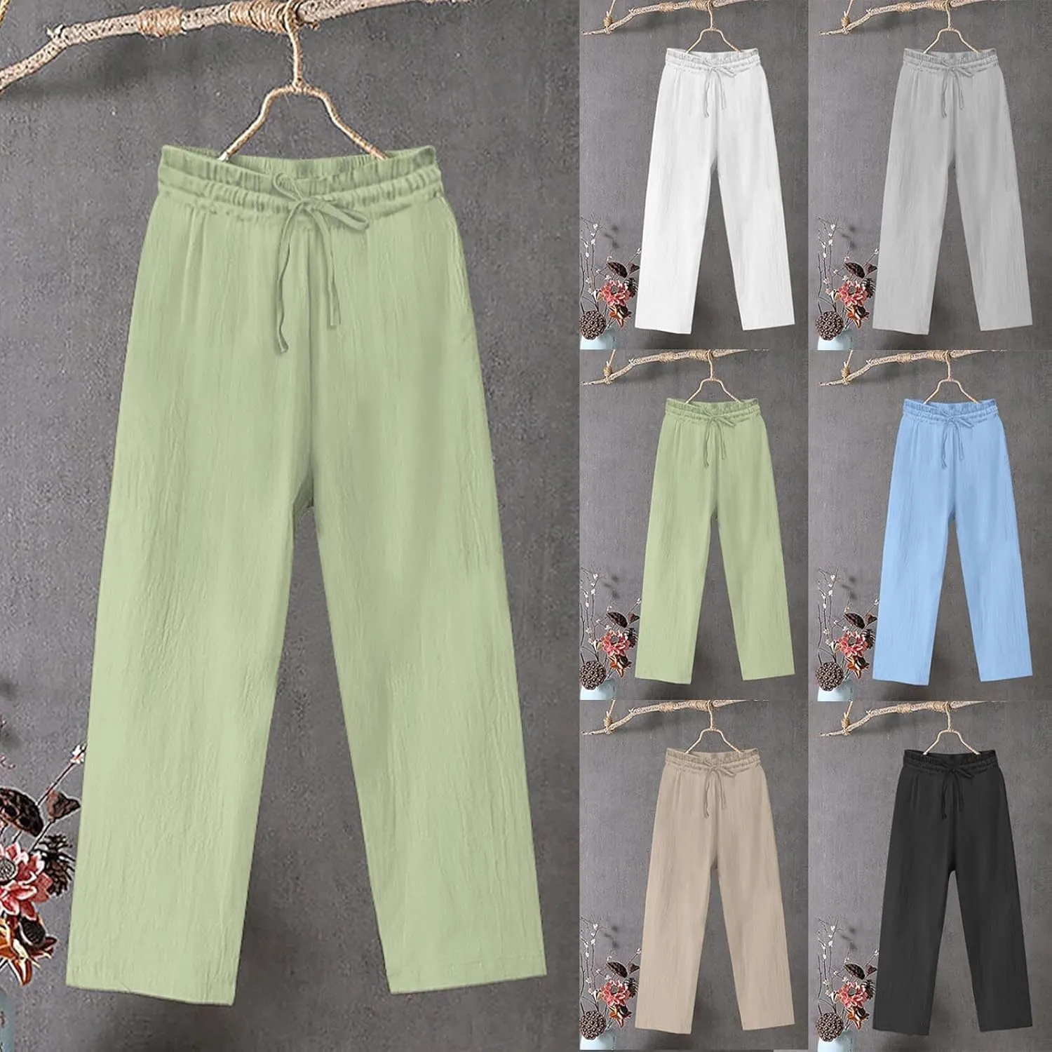 YRAETENM Women's Cotton Linen Straight Leg Pants Elastic Waist Long Trousers Casual Summer Beach Lounge Pants with Pockets