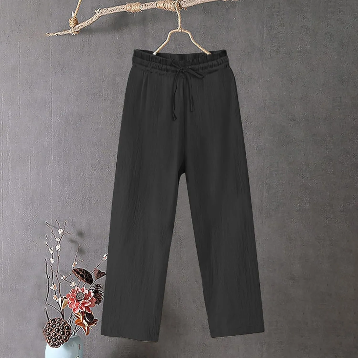 YRAETENM Women's Cotton Linen Straight Leg Pants Elastic Waist Long Trousers Casual Summer Beach Lounge Pants with Pockets