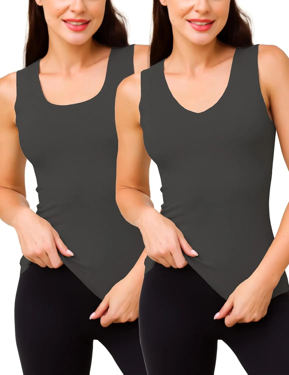YYA 2 Pack Basic Tank Tops for Women Thermal Square&V Neck Vest Warm Tank-Top Sleeveless Camisole Lingerie, S-XXL