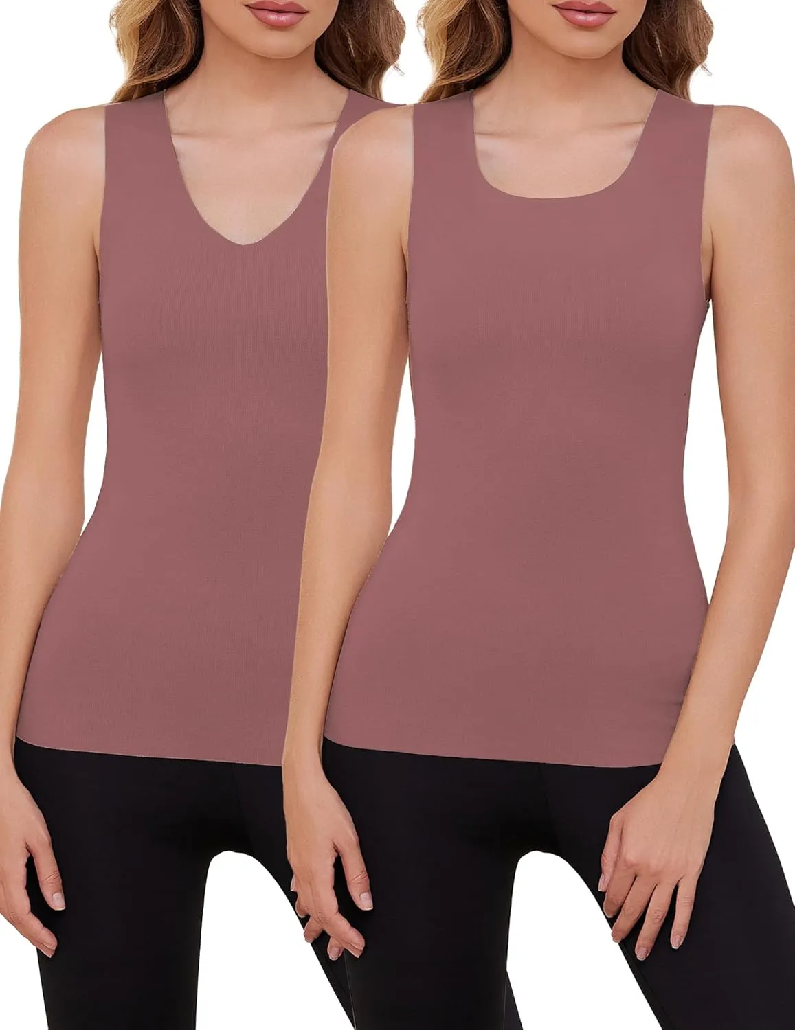 YYA 2 Pack Basic Tank Tops for Women Thermal Square&V Neck Vest Warm Tank-Top Sleeveless Camisole Lingerie, S-XXL
