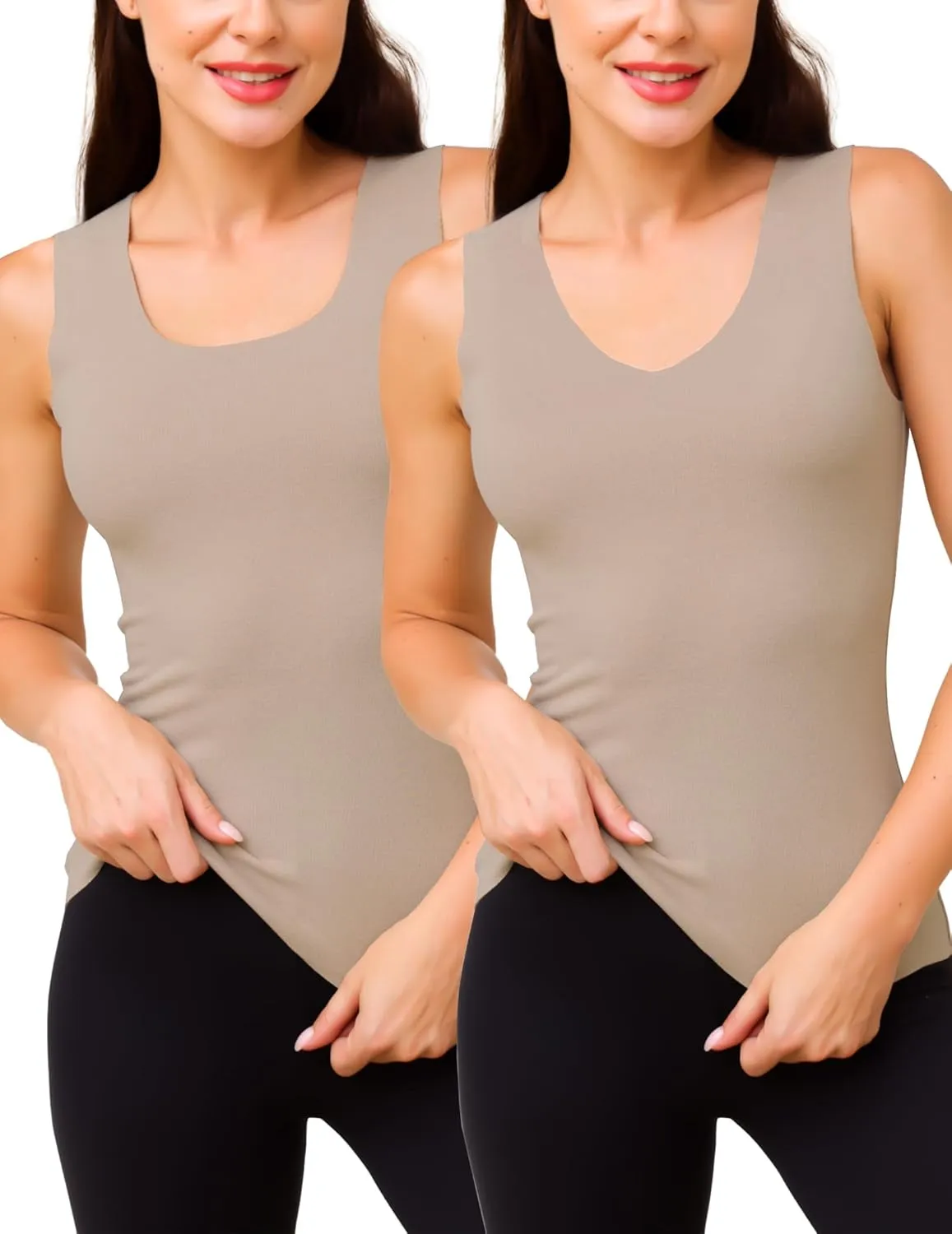 YYA 2 Pack Basic Tank Tops for Women Thermal Square&V Neck Vest Warm Tank-Top Sleeveless Camisole Lingerie, S-XXL