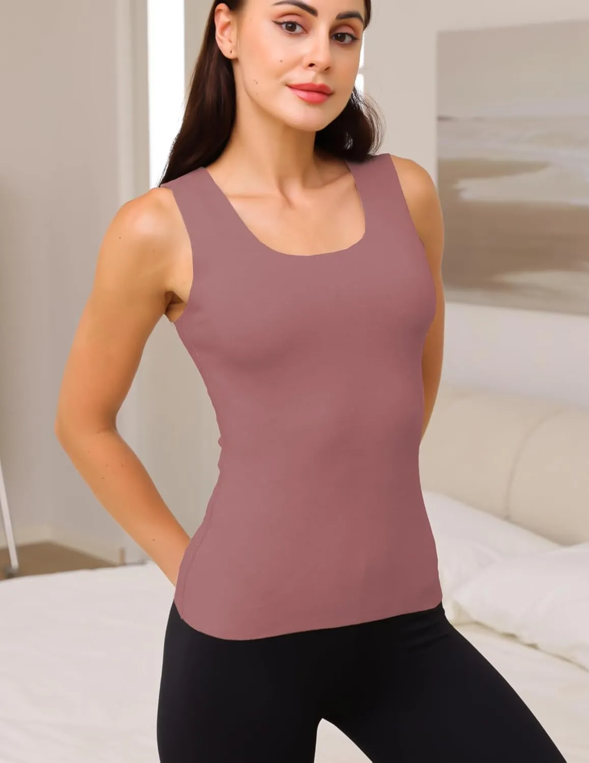 YYA 2 Pack Basic Tank Tops for Women Thermal Square&V Neck Vest Warm Tank-Top Sleeveless Camisole Lingerie, S-XXL