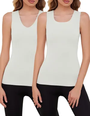 YYA 2 Pack Basic Tank Tops for Women Thermal Square&V Neck Vest Warm Tank-Top Sleeveless Camisole Lingerie, S-XXL