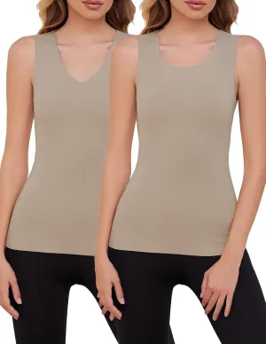 YYA 2 Pack Basic Tank Tops for Women Thermal Square&V Neck Vest Warm Tank-Top Sleeveless Camisole Lingerie, S-XXL