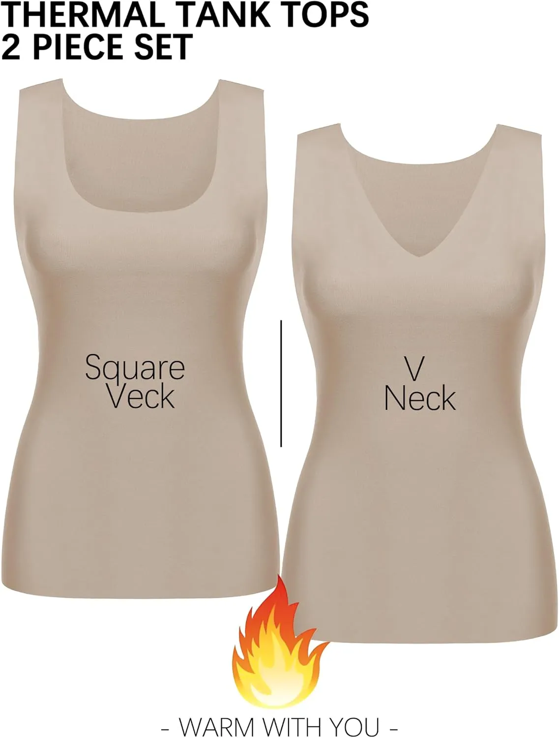 YYA 2 Pack Basic Tank Tops for Women Thermal Square&V Neck Vest Warm Tank-Top Sleeveless Camisole Lingerie, S-XXL