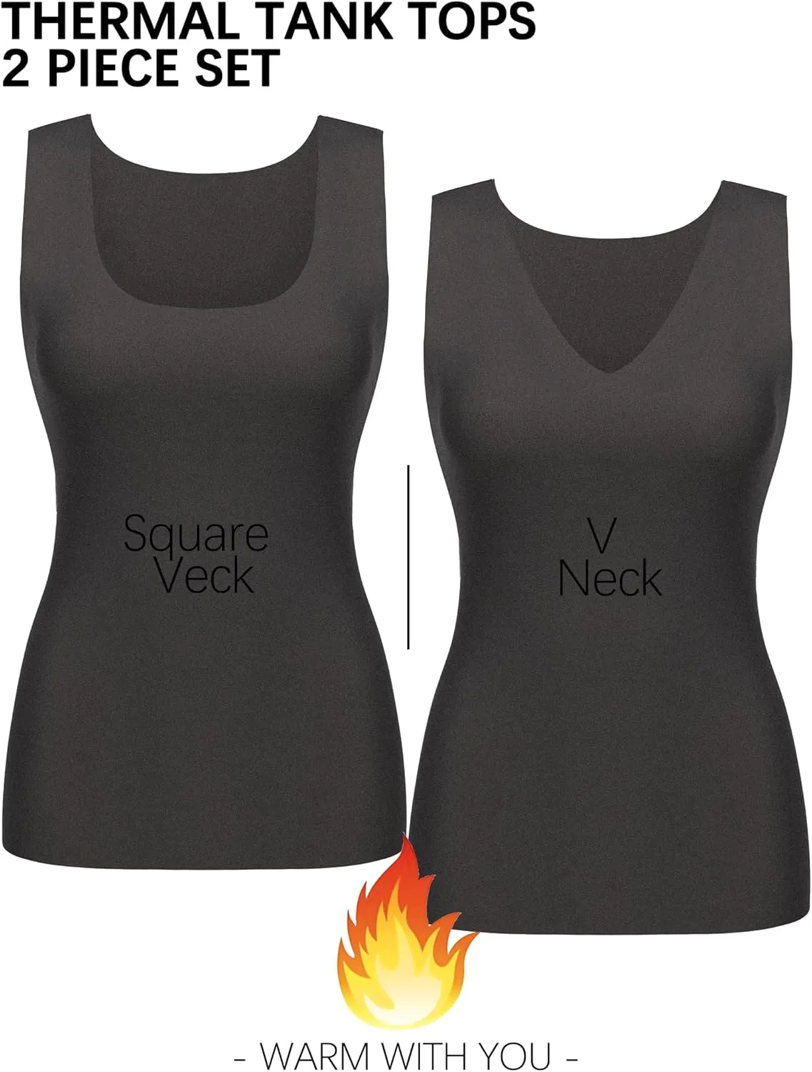 YYA 2 Pack Basic Tank Tops for Women Thermal Square&V Neck Vest Warm Tank-Top Sleeveless Camisole Lingerie, S-XXL
