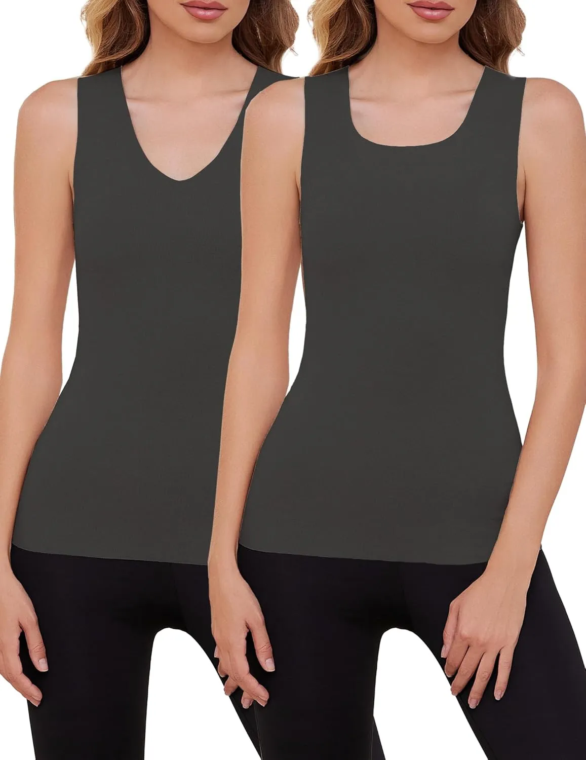 YYA 2 Pack Basic Tank Tops for Women Thermal Square&V Neck Vest Warm Tank-Top Sleeveless Camisole Lingerie, S-XXL