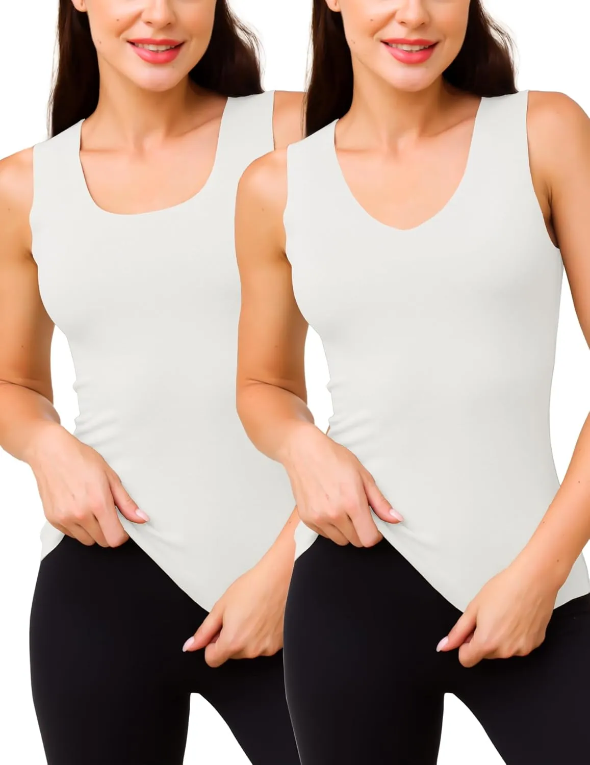 YYA 2 Pack Basic Tank Tops for Women Thermal Square&V Neck Vest Warm Tank-Top Sleeveless Camisole Lingerie, S-XXL
