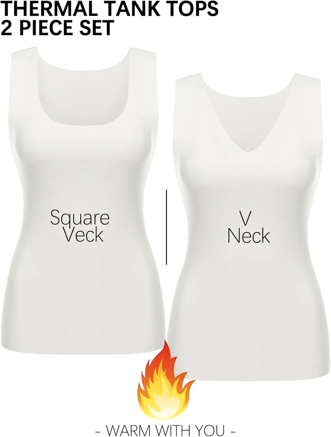 YYA 2 Pack Basic Tank Tops for Women Thermal Square&V Neck Vest Warm Tank-Top Sleeveless Camisole Lingerie, S-XXL