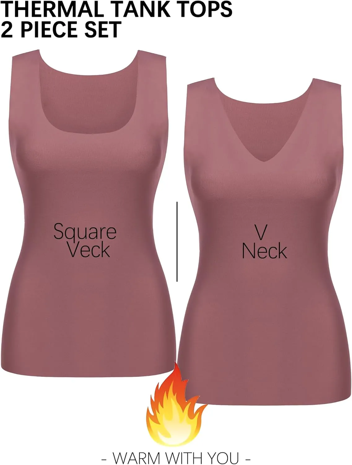 YYA 2 Pack Basic Tank Tops for Women Thermal Square&V Neck Vest Warm Tank-Top Sleeveless Camisole Lingerie, S-XXL