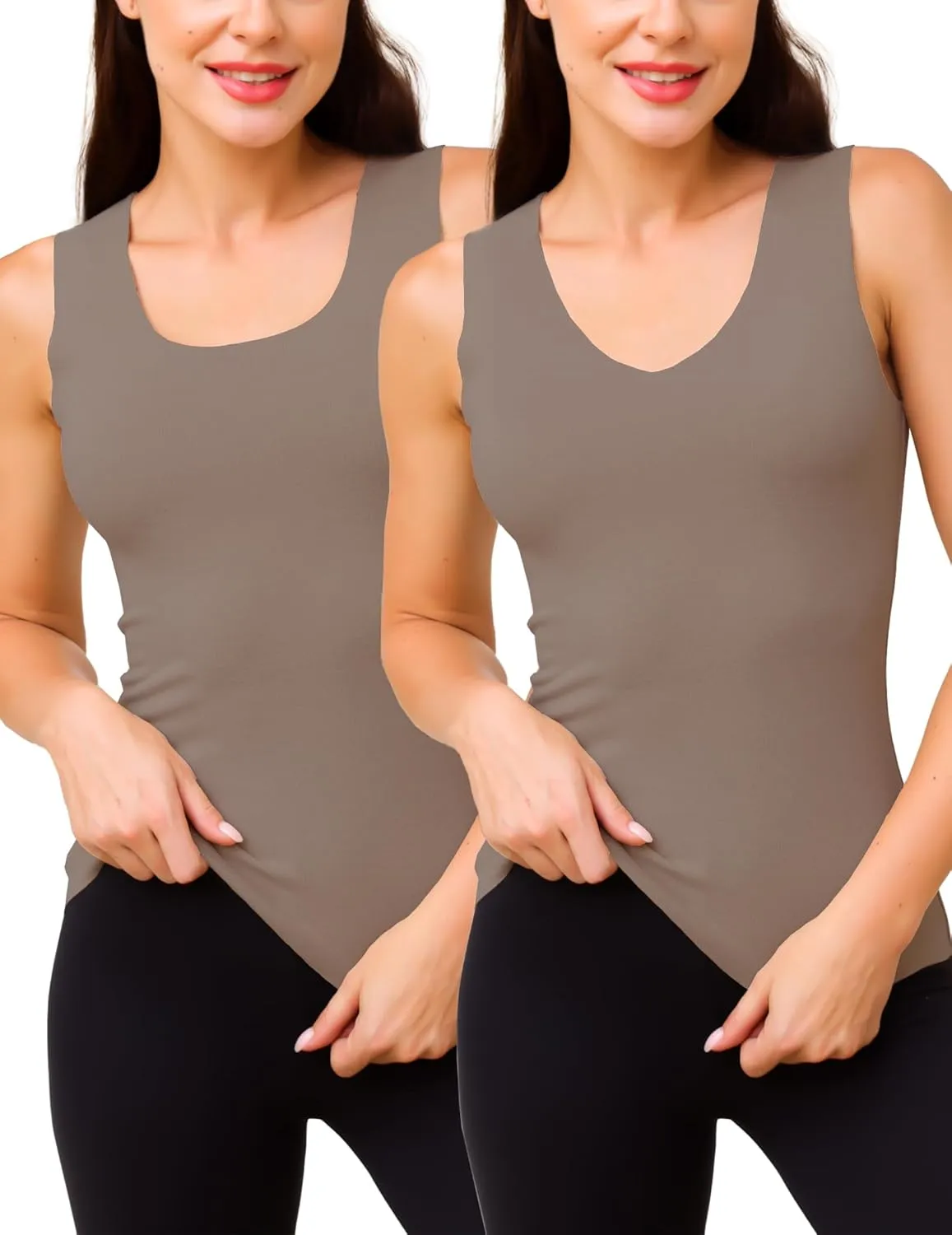 YYA 2 Pack Basic Tank Tops for Women Thermal Square&V Neck Vest Warm Tank-Top Sleeveless Camisole Lingerie, S-XXL