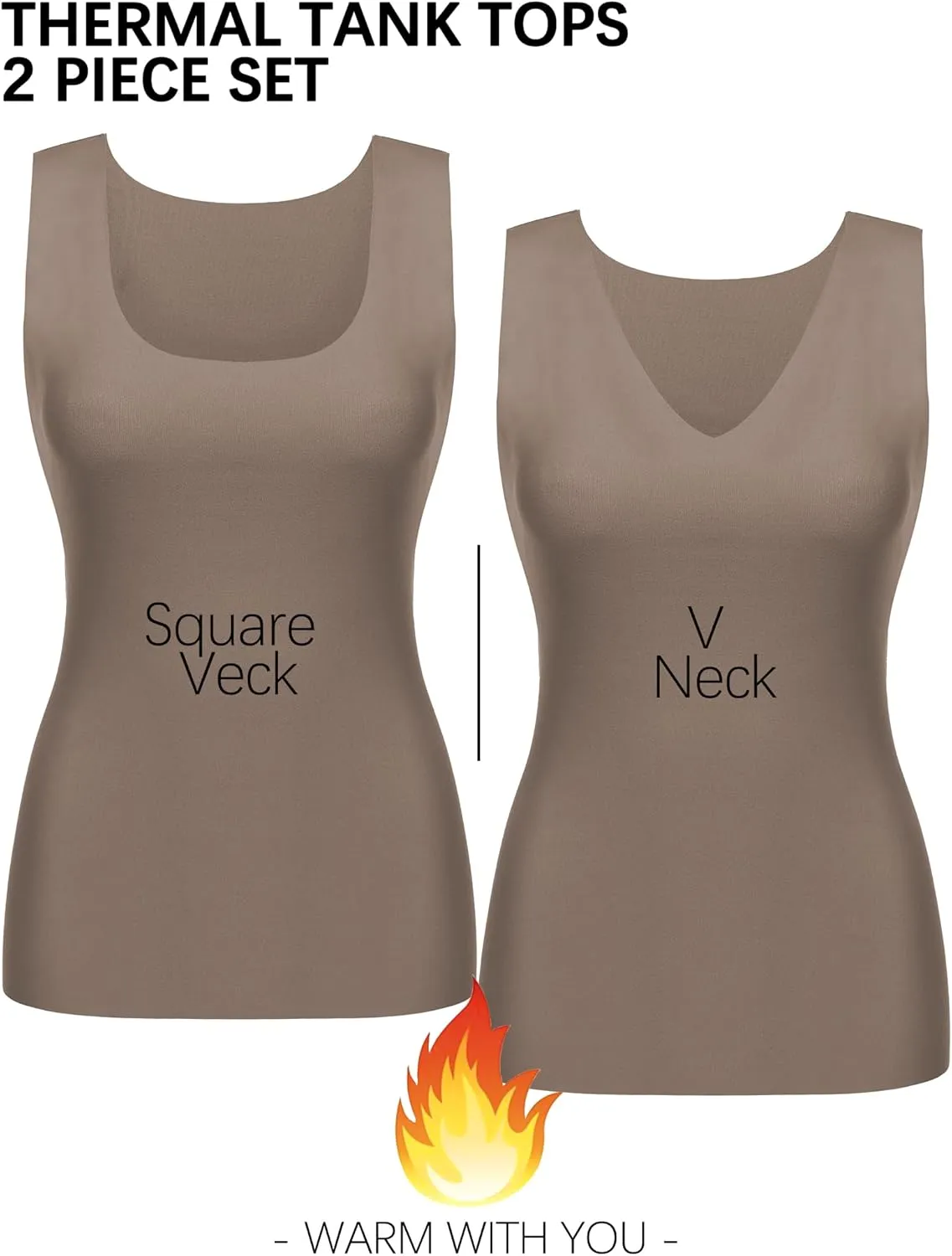 YYA 2 Pack Basic Tank Tops for Women Thermal Square&V Neck Vest Warm Tank-Top Sleeveless Camisole Lingerie, S-XXL
