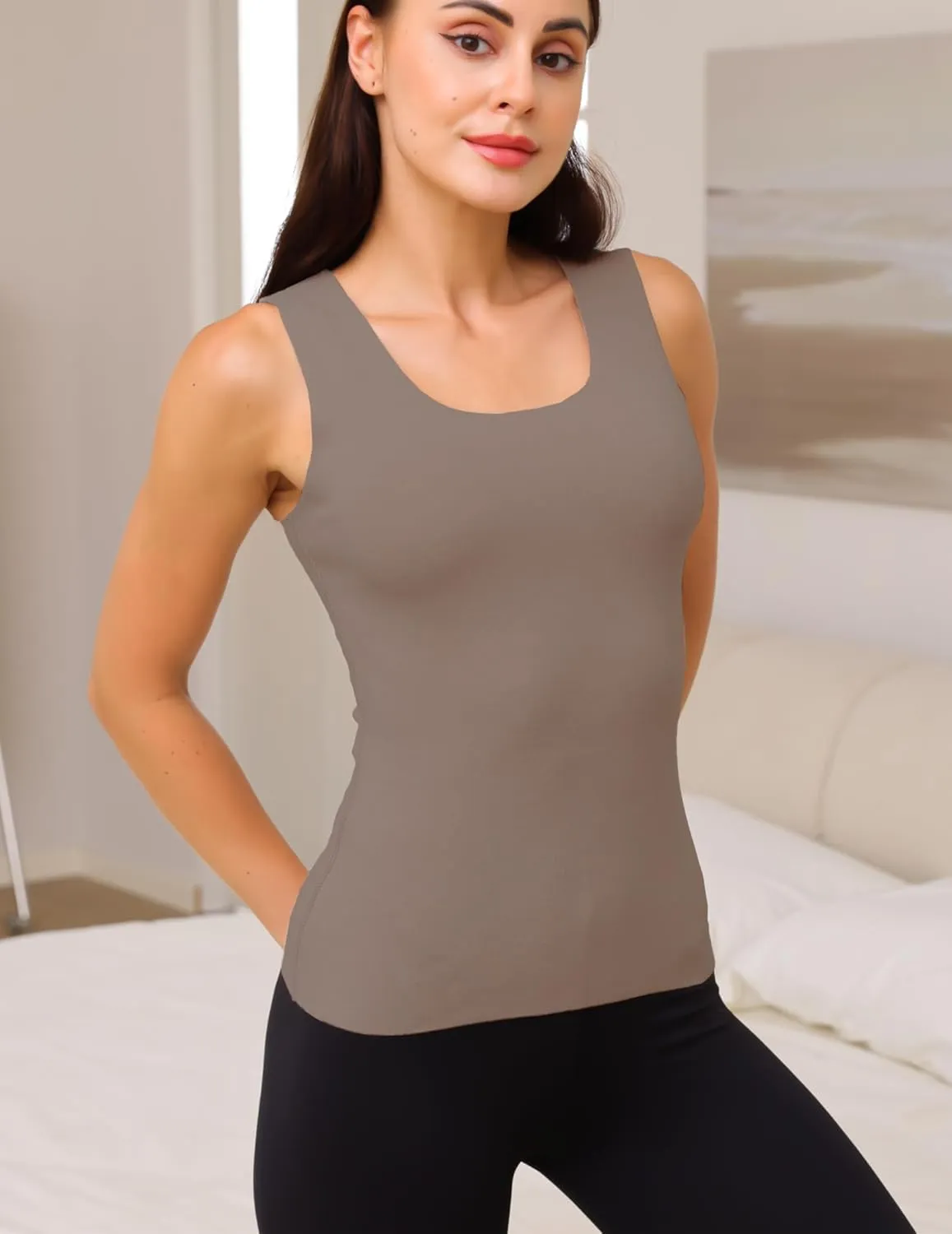 YYA 2 Pack Basic Tank Tops for Women Thermal Square&V Neck Vest Warm Tank-Top Sleeveless Camisole Lingerie, S-XXL