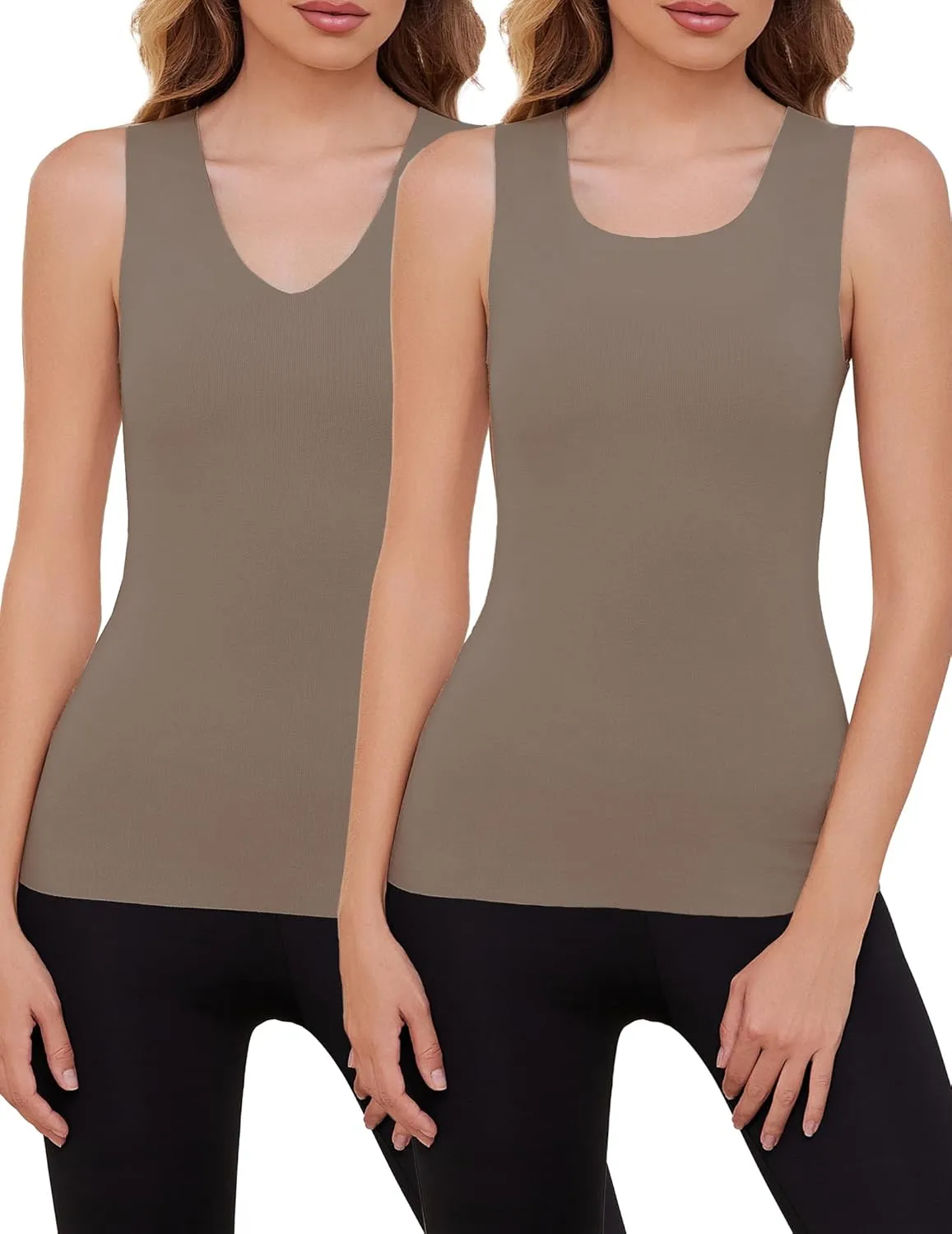 YYA 2 Pack Basic Tank Tops for Women Thermal Square&V Neck Vest Warm Tank-Top Sleeveless Camisole Lingerie, S-XXL