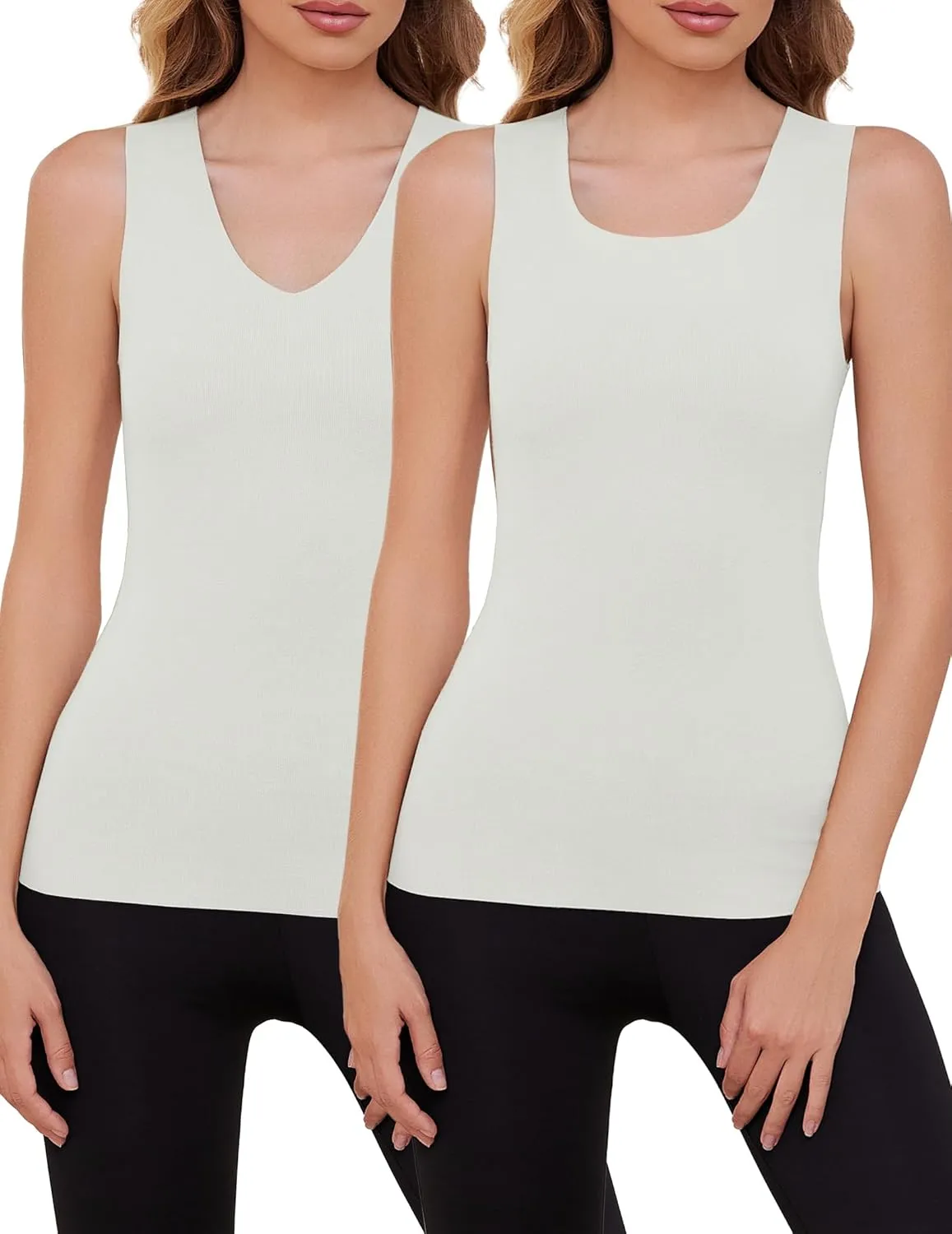 YYA 2 Pack Basic Tank Tops for Women Thermal Square&V Neck Vest Warm Tank-Top Sleeveless Camisole Lingerie, S-XXL