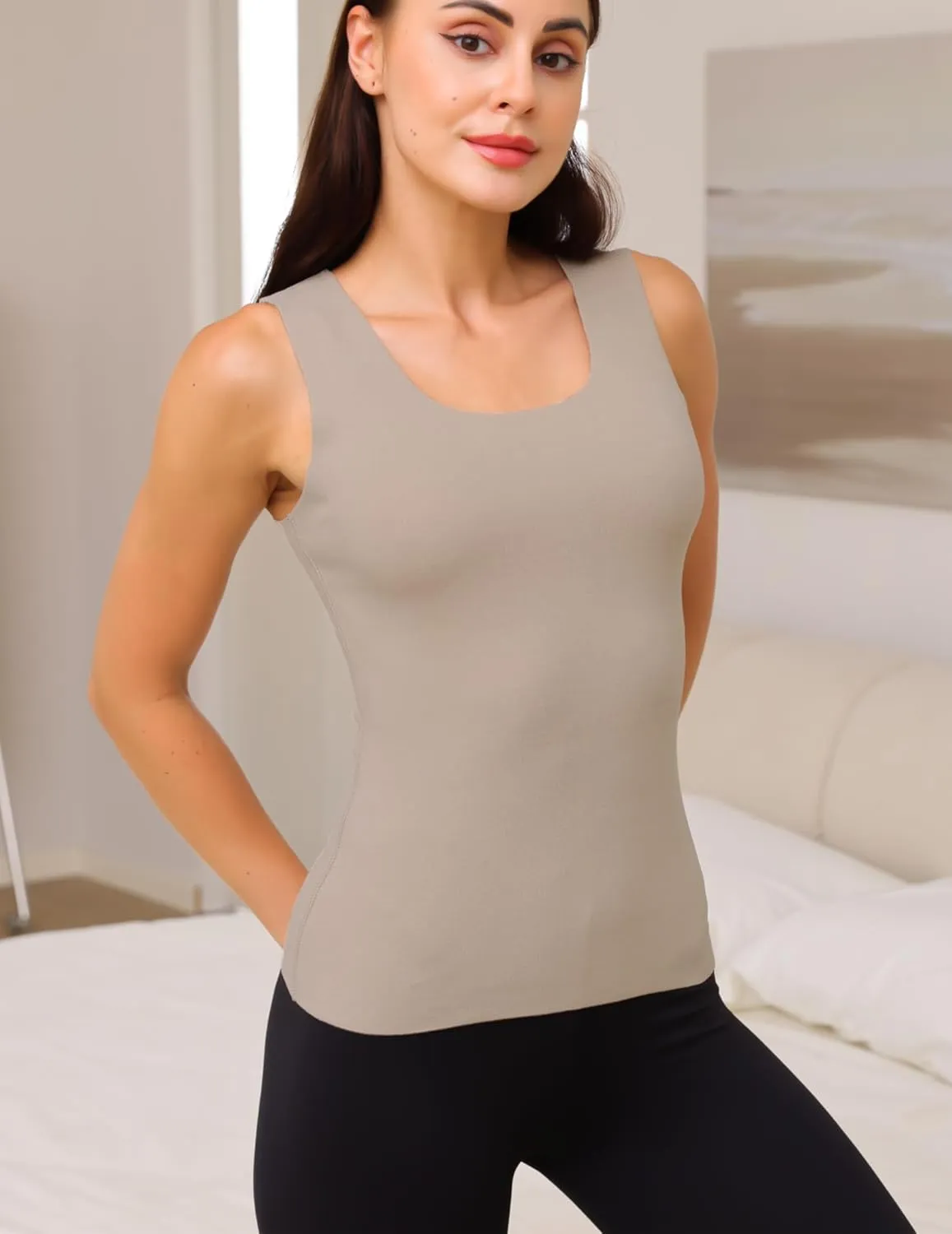 YYA 2 Pack Basic Tank Tops for Women Thermal Square&V Neck Vest Warm Tank-Top Sleeveless Camisole Lingerie, S-XXL