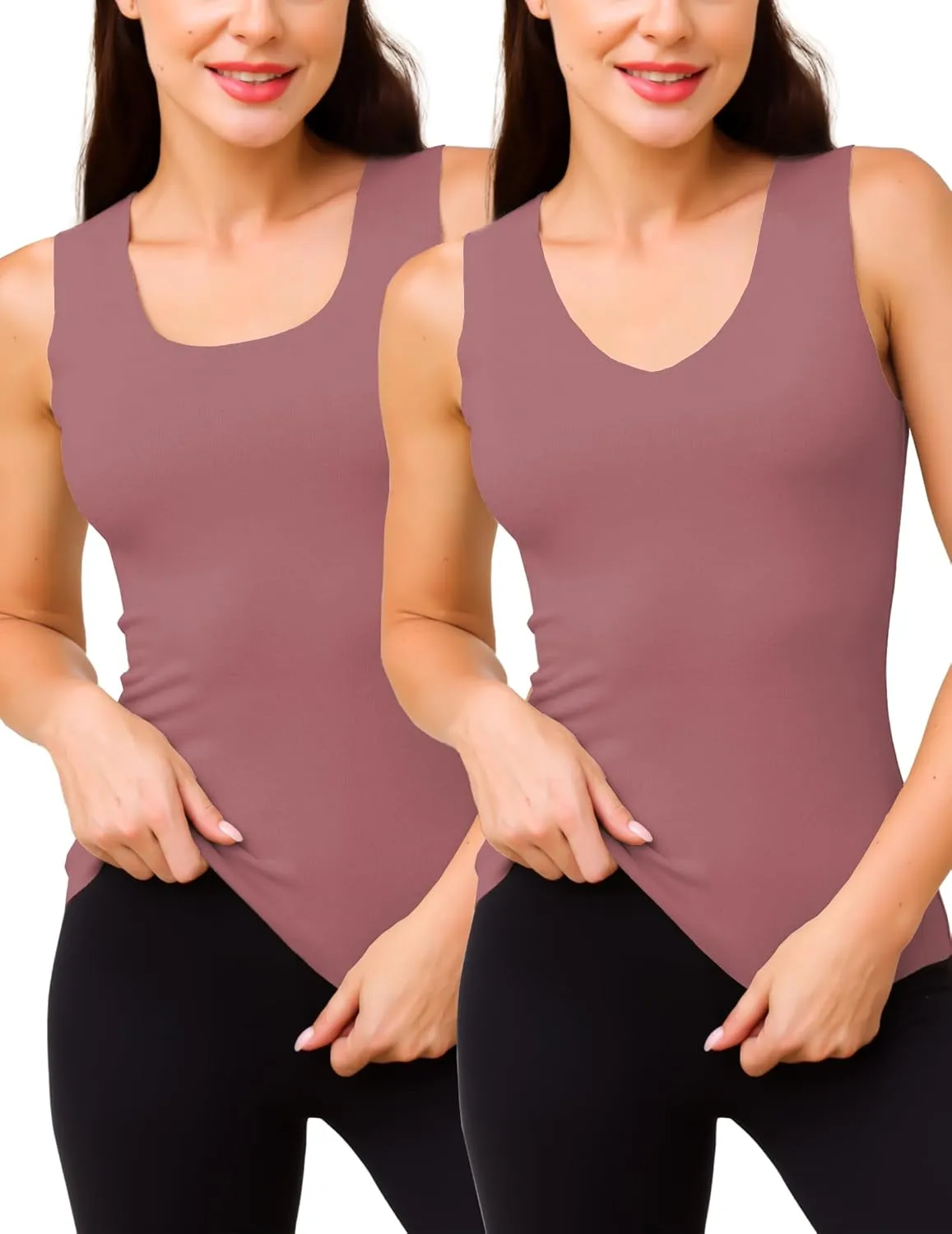 YYA 2 Pack Basic Tank Tops for Women Thermal Square&V Neck Vest Warm Tank-Top Sleeveless Camisole Lingerie, S-XXL