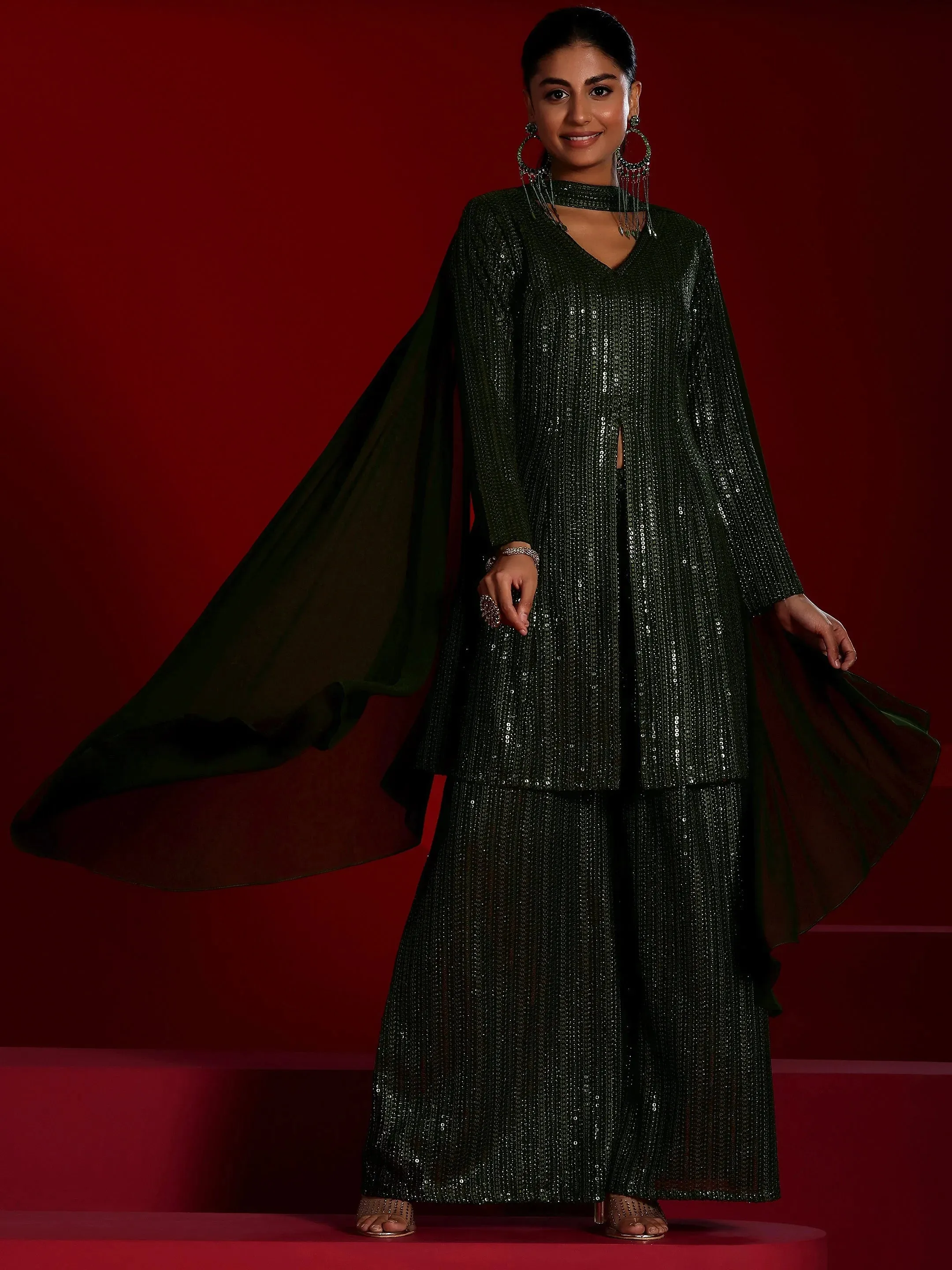Zaayra Libas Art Olive Embroidered Georgette A-Line Kurta With Palazzos & Dupatta
