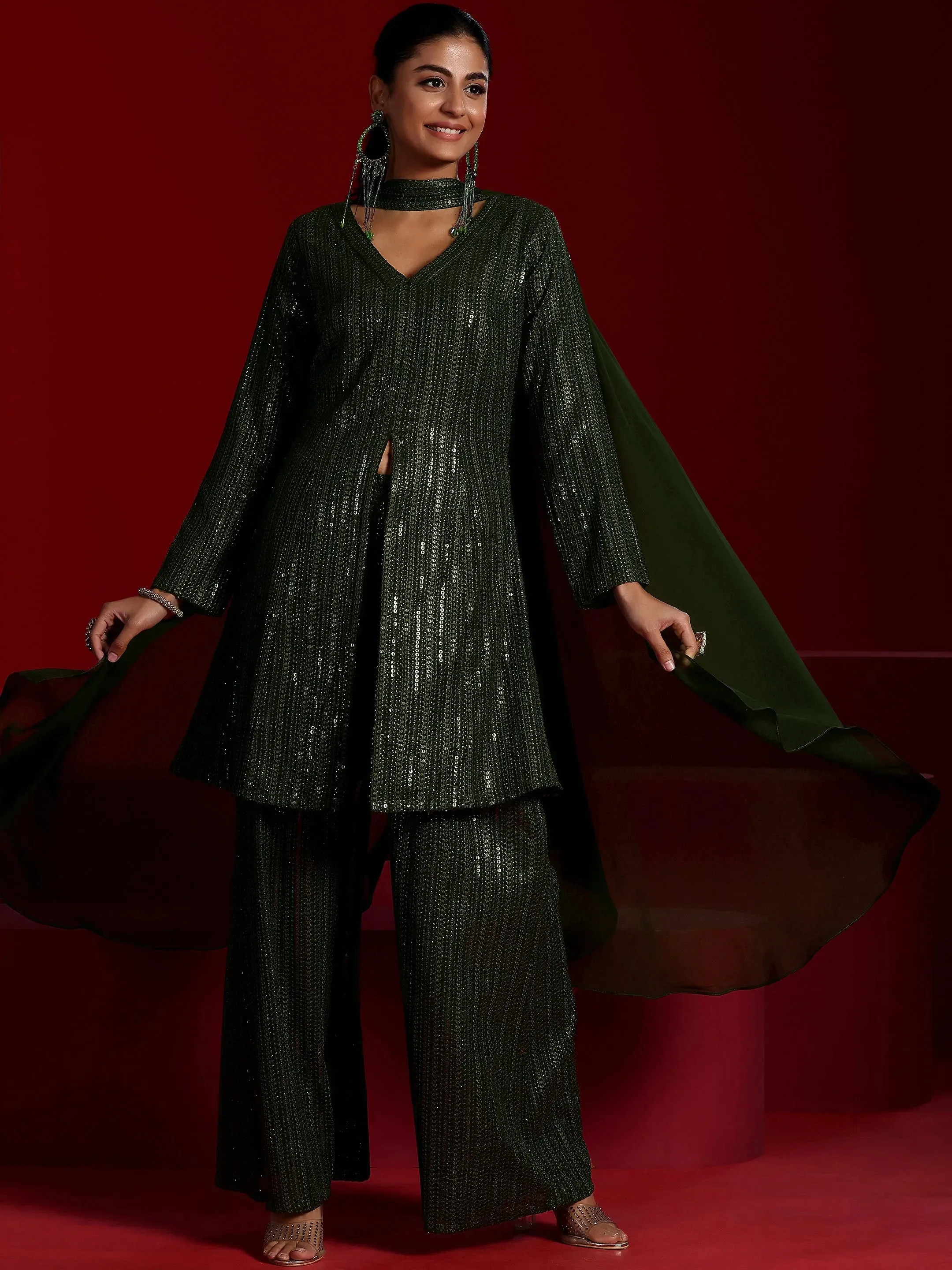 Zaayra Libas Art Olive Embroidered Georgette A-Line Kurta With Palazzos & Dupatta