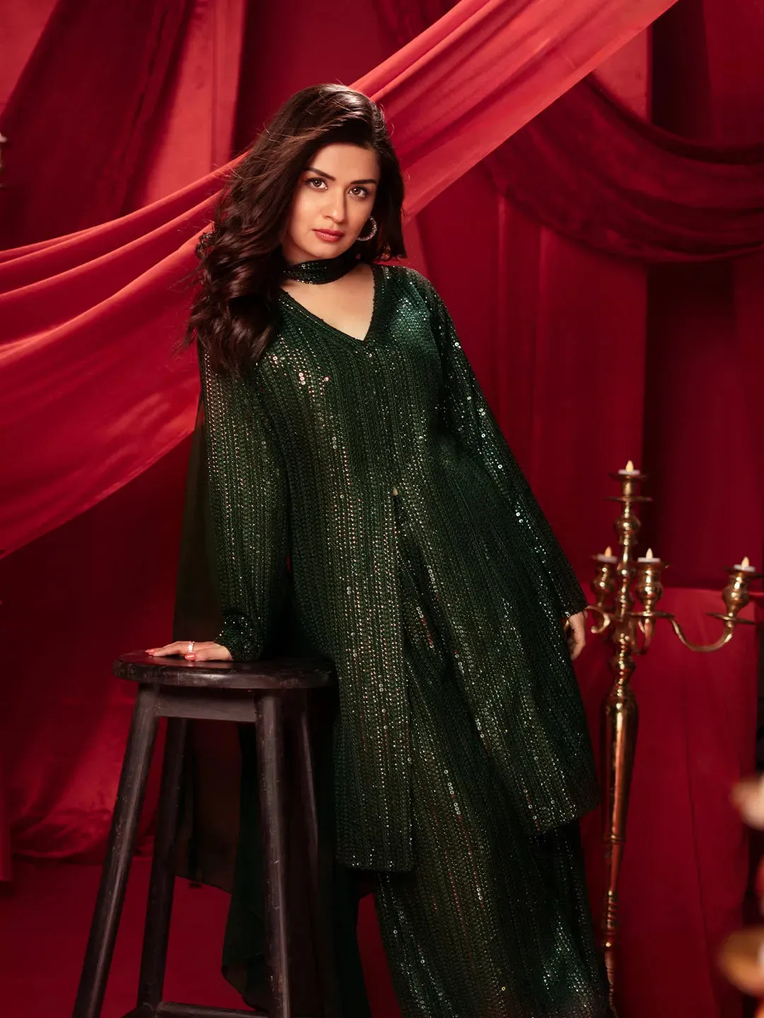 Zaayra Libas Art Olive Embroidered Georgette A-Line Kurta With Palazzos & Dupatta