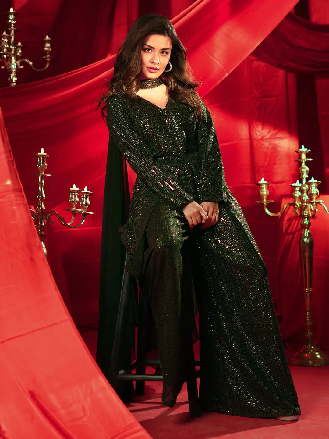Zaayra Libas Art Olive Embroidered Georgette A-Line Kurta With Palazzos & Dupatta