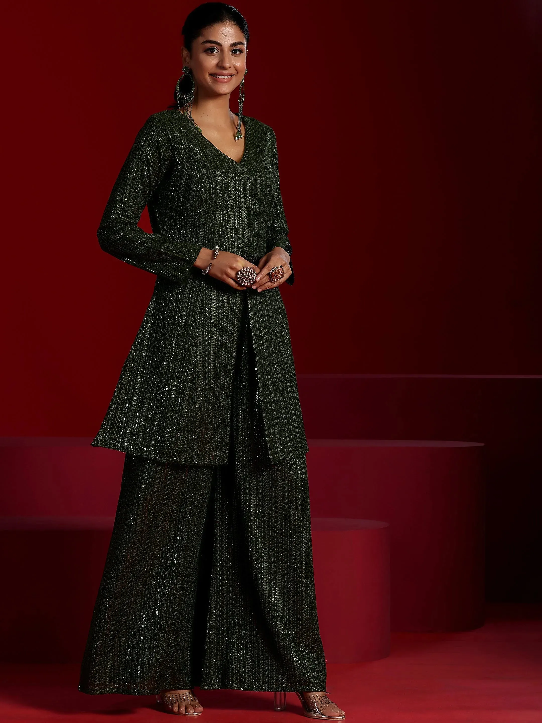 Zaayra Libas Art Olive Embroidered Georgette A-Line Kurta With Palazzos & Dupatta