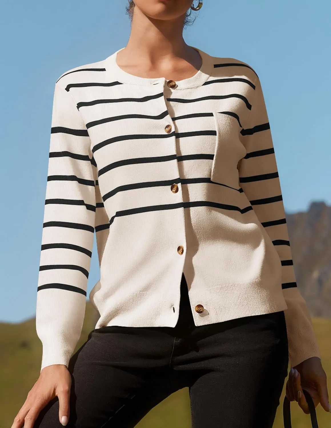 ZESICA Women's Striped Cardigan Sweaters Fall Long Sleeve Open Front Button Down Knit Outerwear Coat Trendy Clothes
