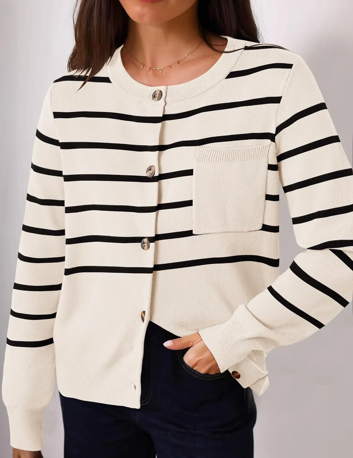 ZESICA Women's Striped Cardigan Sweaters Fall Long Sleeve Open Front Button Down Knit Outerwear Coat Trendy Clothes