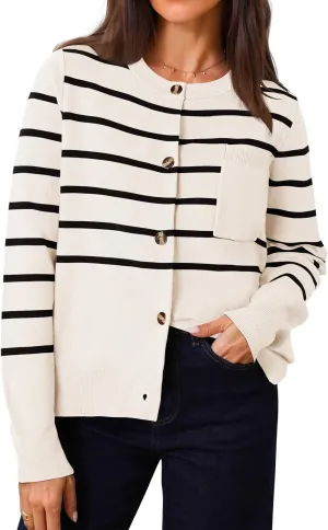 ZESICA Women's Striped Cardigan Sweaters Fall Long Sleeve Open Front Button Down Knit Outerwear Coat Trendy Clothes